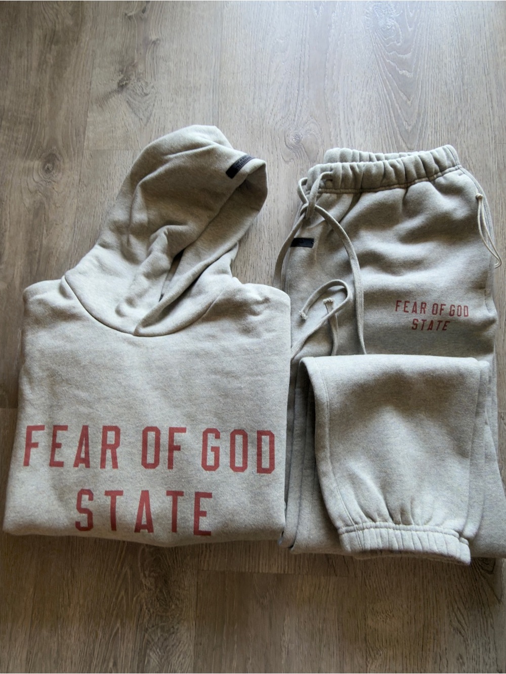 Fear of God Beige Hoodie & Sweatpants with Red Logo